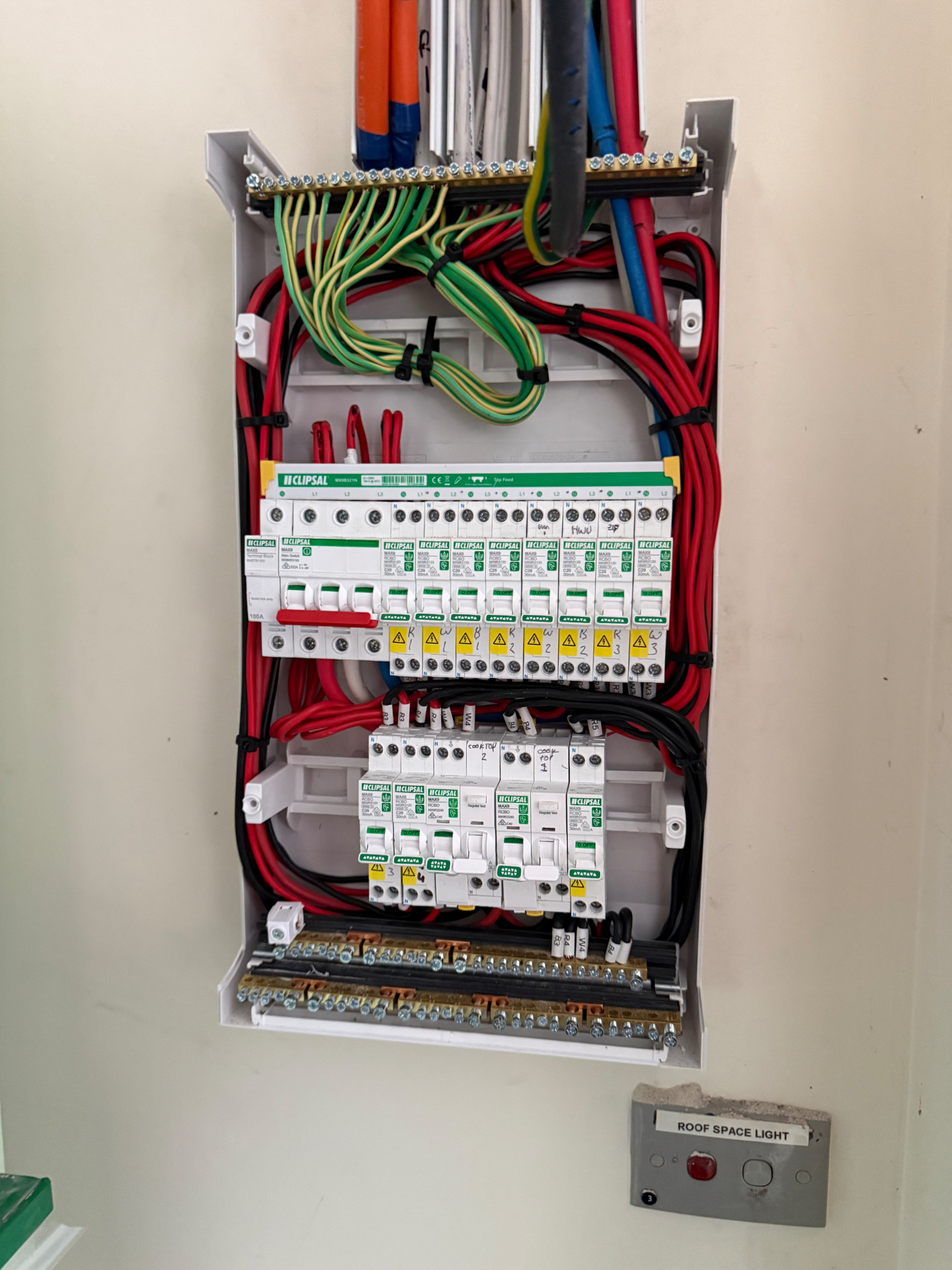 Newly installed residential switchboard with labelled RCD-protected circuits by OWCA Electrical