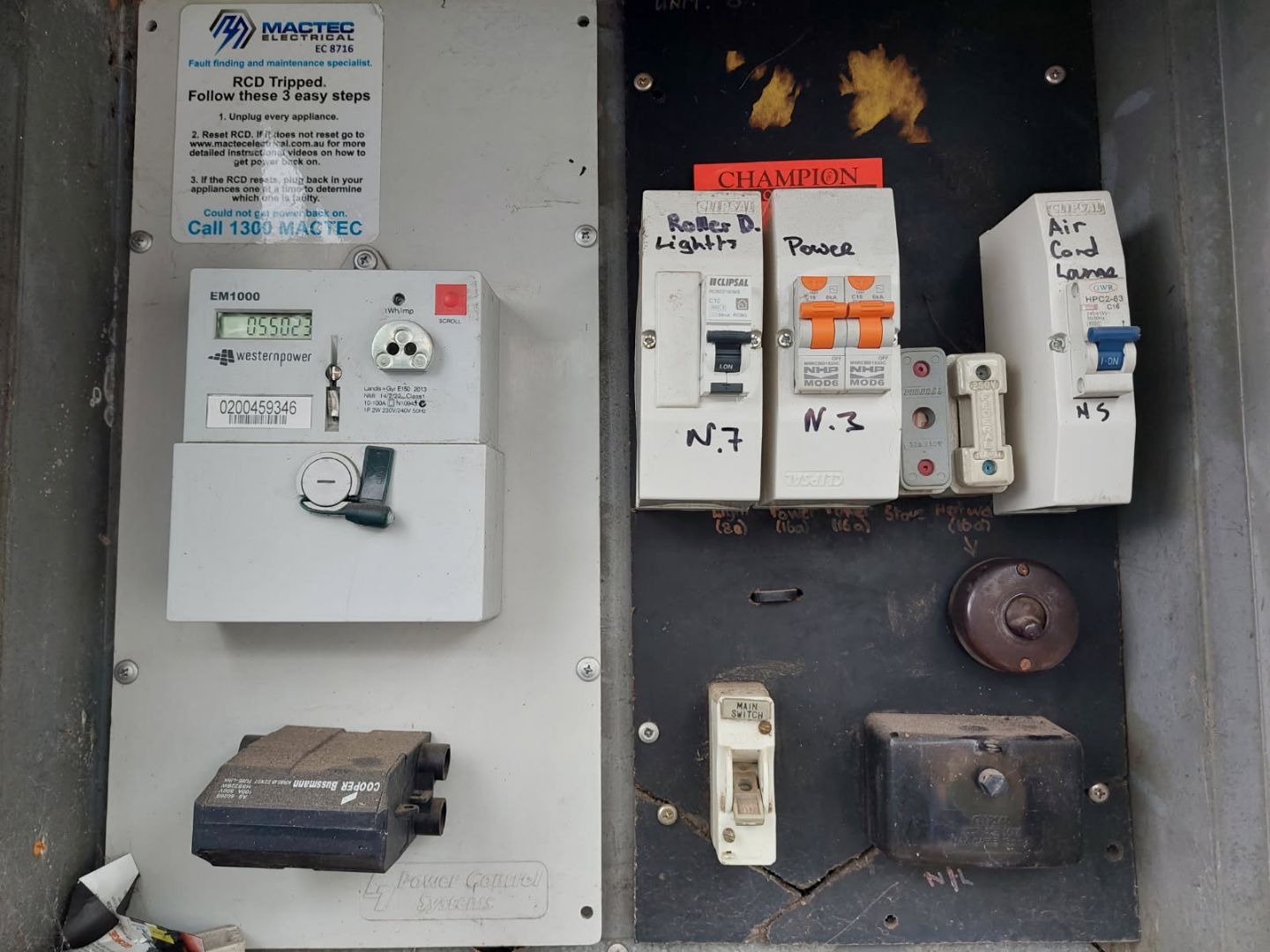 Switchboard with labelled circuit breakers, RCDs and Western Power meter